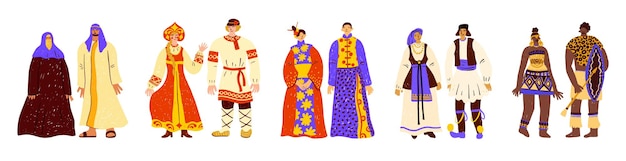 People in folk costumes Couples in national clothes Different countries persons Men and women pairs in traditional dress Male and female ethnic outfits World nationalities Classy vector set