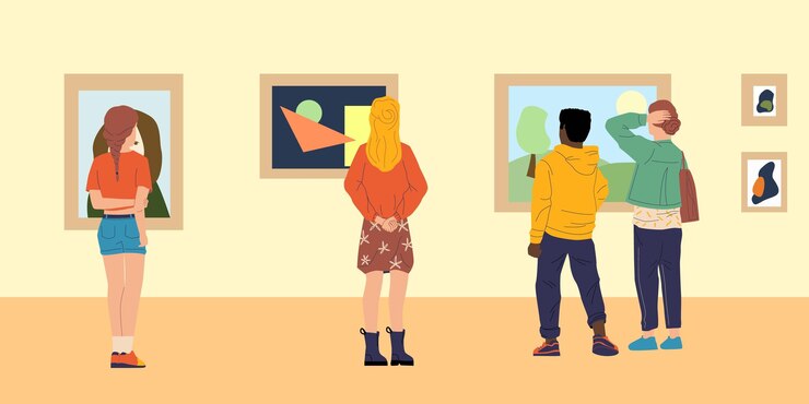 Vector people from behind museum exposition men and women looking at masterpieces gallery excursion visitors rear view paintings exhibition standing persons backside vector illustration
