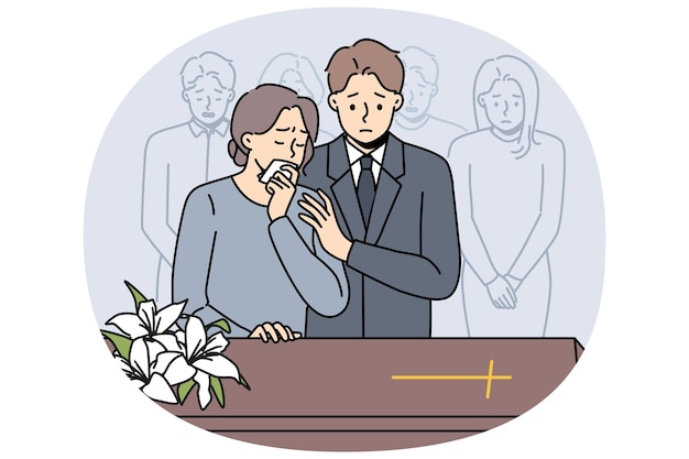 장례 의식 에 참석 한 사람 들 은 가톨릭 십자가 를 들고 있는 관 근처 에 서서 사망자 를 애도 하고 작별 인사를 한다