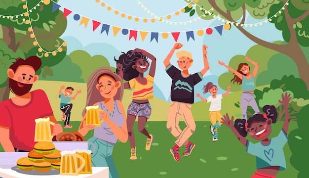 Vector people on garden party drinking couple retro dancing family evening with drink outdoor dance on backyard with barbecue vector illustration