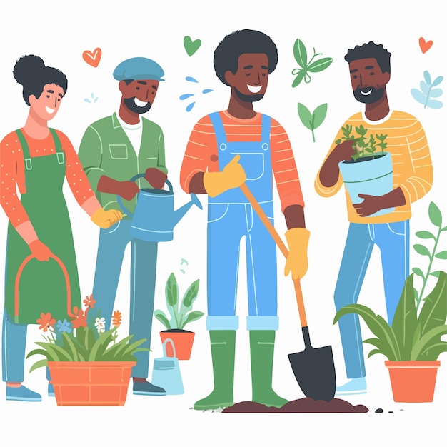 People gardening activities in the yard flat vector