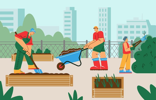 People gardening in public garden or yard flat cartoon vector illustration