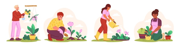 People gardening set collection of men and women planting and watering flowers in garden caring for