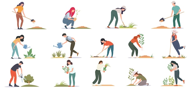 People gardening in various activities and poses Vector illustration