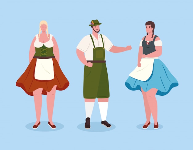 Persone tedesche in drees nazionali, donne e uomini nel tradizionale costume bavarese illustrazione vettoriale design