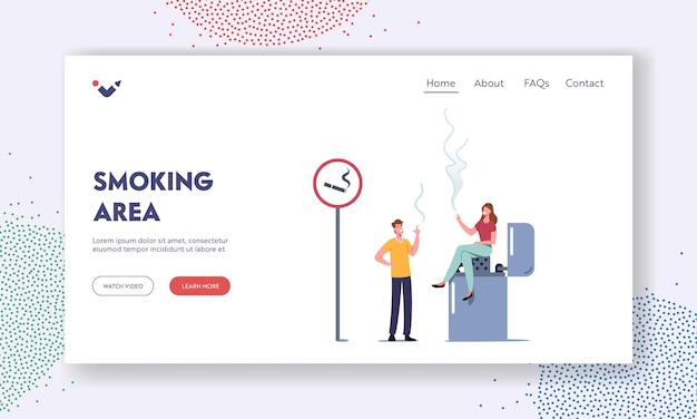 Vector people get pleasure of smoking addiction landing page template. tiny characters smoking cigarette in special area with sign and huge lighter. harm to health, lung disease. cartoon vector illustration