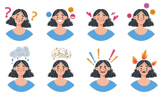 Люди девушка женщина с разными эмоциями плоский мультфильм графический дизайн иллюстрации набор