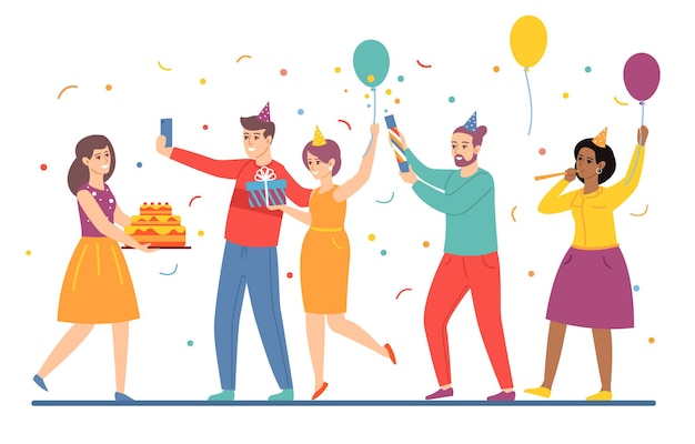 People give gifts for birthday. Cartoon young men and women celebrate holiday together. Happy girl with festive cake accepts congratulations from friends. Cheerful company. Vector fun party concept