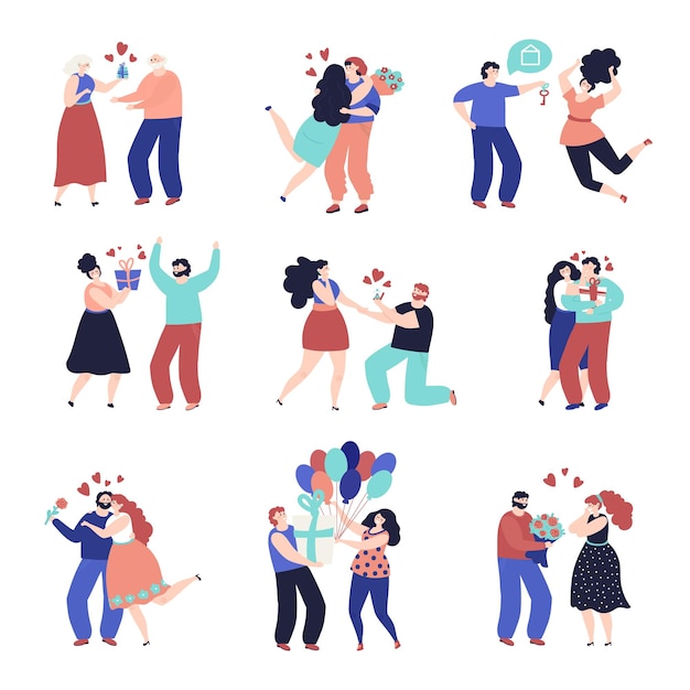 People giving gift. holiday family gifts, couples with present box. romantic adult hugging, birthday party vector set. emotional celebrating present, celebration entertainment event illustration