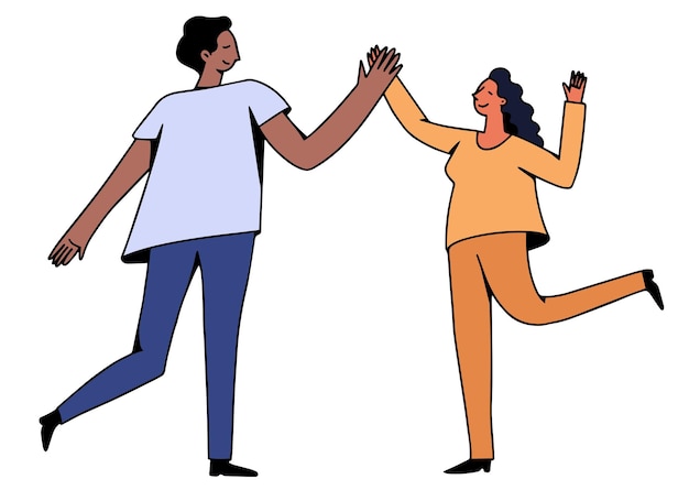 People giving high five Two characters gesturing together Couple or family or friends partying