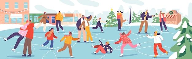 La gente scivola sulla pista di pattinaggio del centro città in mezzo allo sfondo urbano con i personaggi dell'albero di natale decorato abbraccia la gioia del pattinaggio sul ghiaccio nel cuore della metropoli cartoon vector illustration