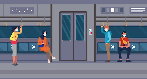 Люди ездят на общественном транспорте с протоколом о здоровье люди в поезде в масках и держатся на дистанции. люди держатся на физическом дистанцировании, чтобы предотвратить ковид в плоском стиле.