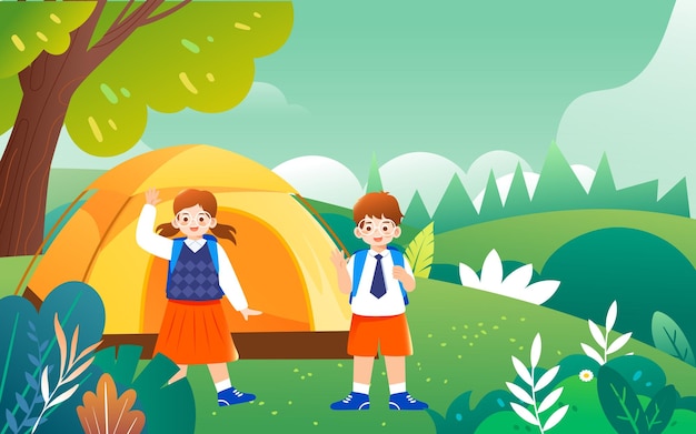 People go camping outdoors in spring with forest trees and lawn in the background, vector