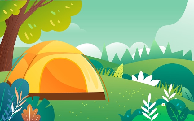 People go camping outdoors in spring with forest trees and lawn in the background, vector