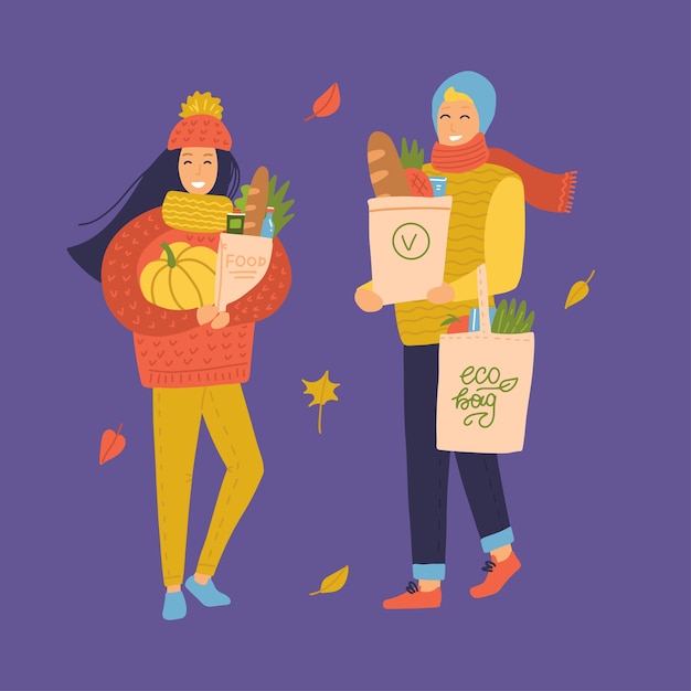 Vector people go shopping from the grocery store set. women and man with grocery bags and pumpkin. autumn mood. flat illustration on color background. couple in warm knitted clothes.