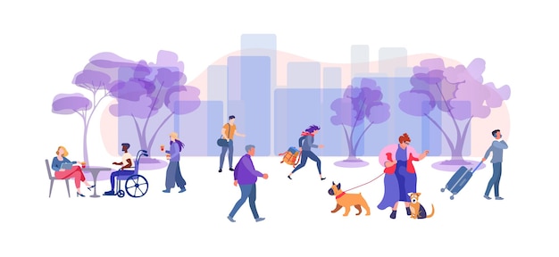 Vector people going along city street with trees big woman walks with a dogs urban panorama with