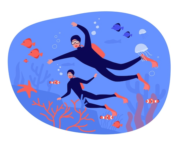 People going diving together flat vector illustration. man and woman exploring fish, algae, corals, jellyfish and entire underwater world. ocean, nature, travel, extreme, swimming, animal concept