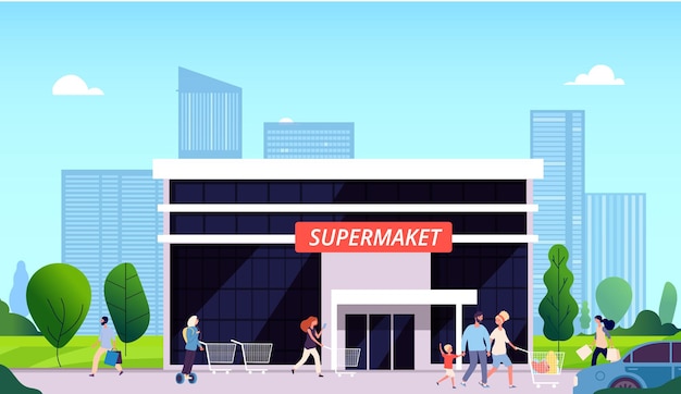 People going to supermarket. mall street, food store and city landscape. tiny woman man kid with shopping bags basket carts vector illustration. supermarket store, market mall and people