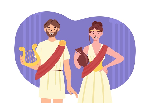 People greeks concept man and woman with amphora and harp history traditions and culture young guy and girl in ancient clothes poster or banner cartoon flat vector illustration