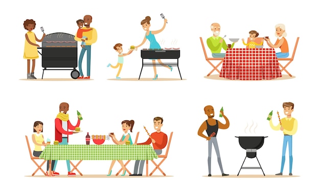 People grill and eat barbecue Vector illustration