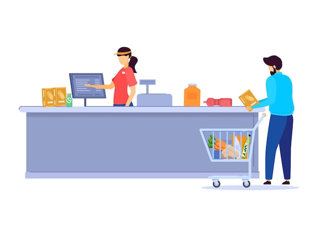 Vector people in grocery store line at cash desk supermarket customers vector illustration