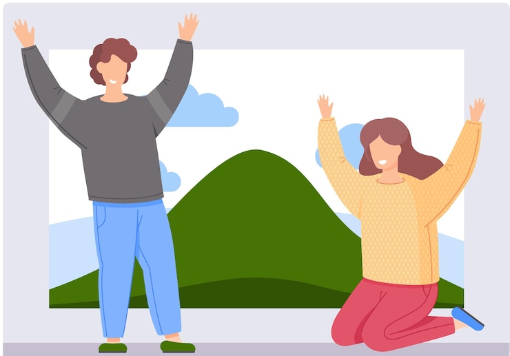 Vector 흥분한 사람들 그룹은 손을 위로 들고 승자 성공 개념 행복한 문자 플랫 벡터 그림 남자와 여자는 흐린 하늘이 있는 산악 풍경에 함께 기뻐합니다.