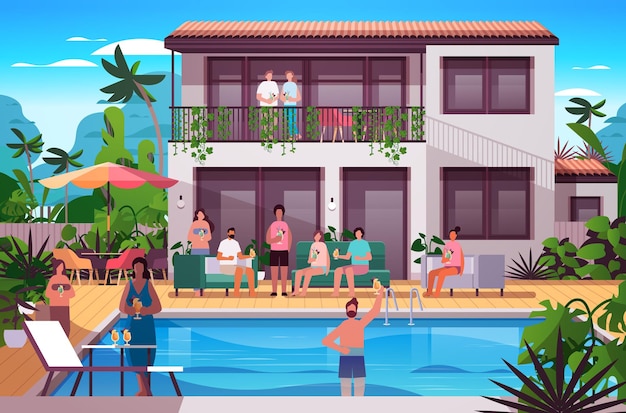 Группа людей устраивает вечеринку на частной вилле или в отеле с бассейном счастливые друзья отдыхают вместе летние каникулы