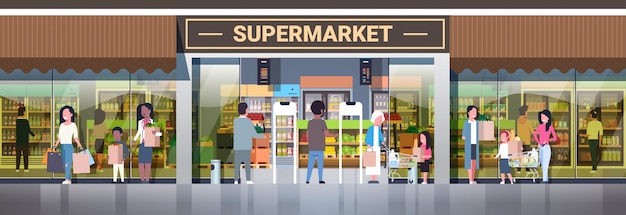 買い物客の消費者概念現代食料品店スーパーマーケット外装水平全長