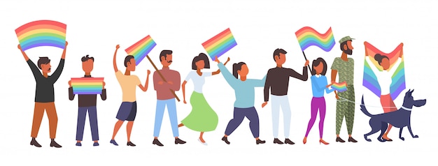 People group holding rainbow flag lgbt pride festival concept mix race gays lesbians celebrating love parade standing together full length  horizontal