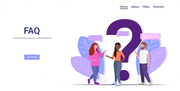 ベクトル 疑問符の近くに立っている人々のグループミックスレースチームオンラインサポートセンターよく寄せられる質問faqコンセプト完全な長さコピースペース水平
