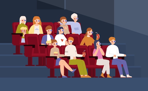 people group watching movie in cinema seat with popcorn in movie theater girls and boys watch show friends entertainment snugly vector scene