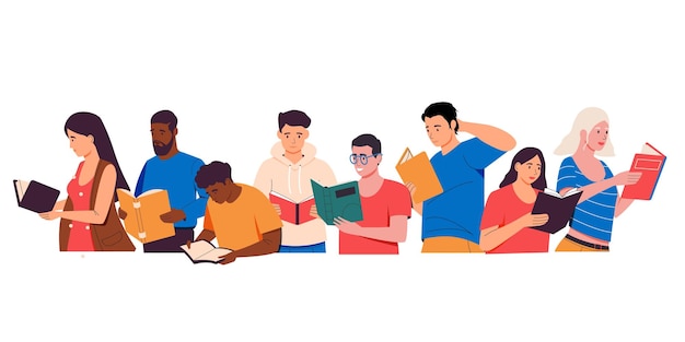 People group with books Cartoon men and women holding and reading books selfeducation concept