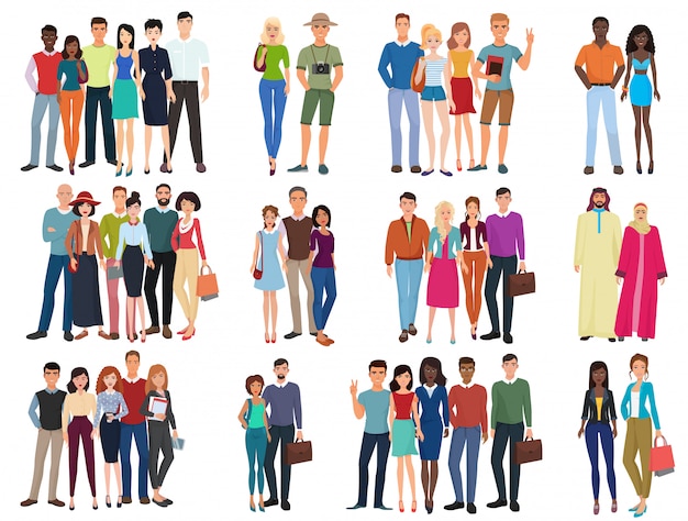 Vector people groups and couples collection. diverse cartoon humans in office and casual outfits clothes, young students   illustration