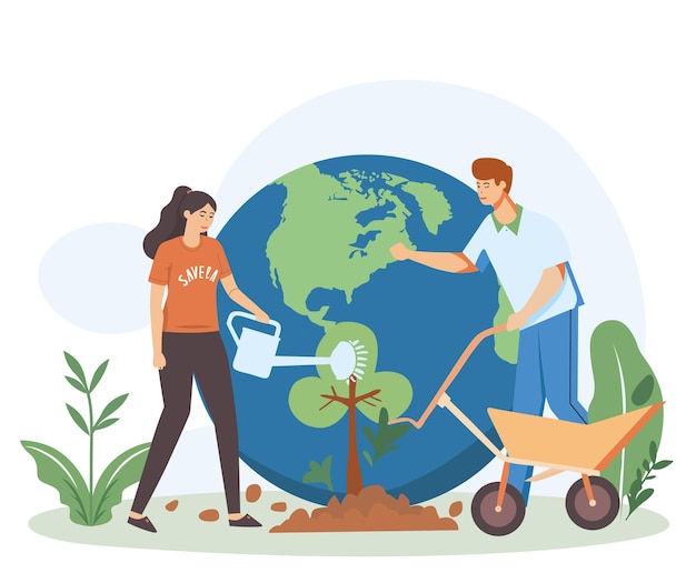 people growing tree and earth in the background flat vector illustration