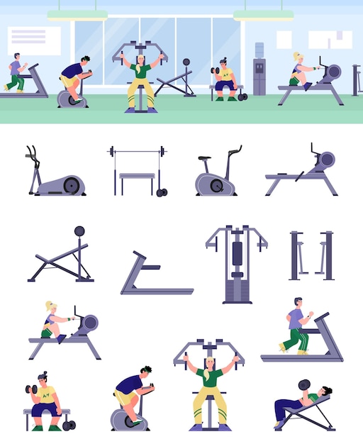 People in gym and fitness equipment set of flat vector illustrations isolated