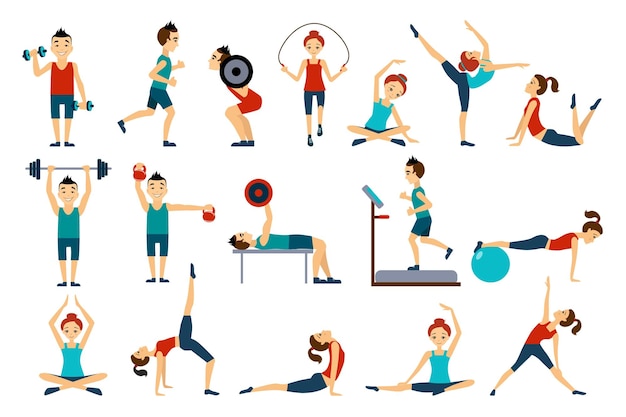 Vector people in gym set workout man and woman exercising vector illustrations on a white background