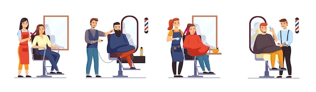 People in hair salon Men and women in barbershop professional stylists work with clients guys and girls front mirrors hairstyles creating and bright coloring Vector isolated set