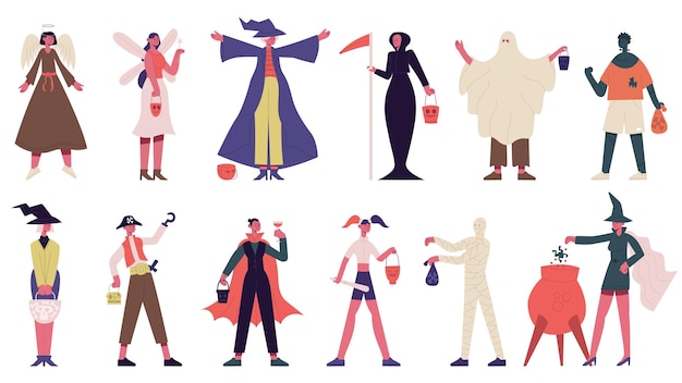 Vector people in halloween costumes trick or treating spooky characters vector illustration set