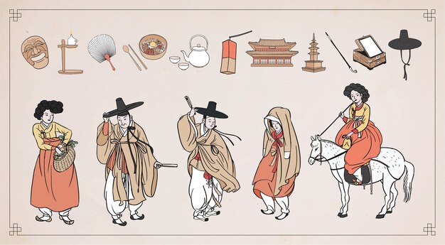 Vector people in hanbok and korean traditional elements.