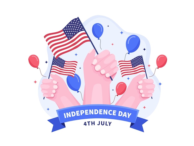 7月4日のアメリカ独立記念日を祝うためにアメリカの国旗を手に持っている人々