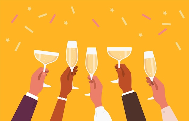 Vector people hand raise champagne glasses