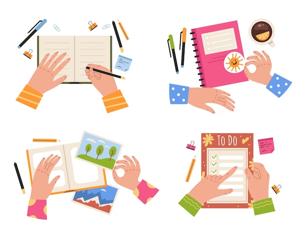 People hands arms whriting in notebook concept flat cartoon design element illustration set