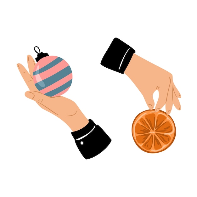 Vettore mani delle persone che tengono una palla di vetro di natale e un lobulo arancione vettore pose di due mani