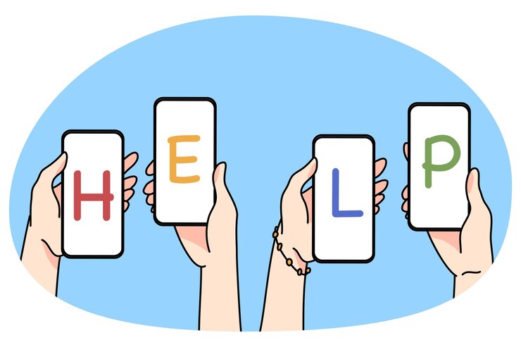 Vector people hands with cellphones ask for help
