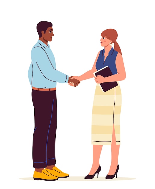 People handshake concept Man and woman make deal and agreement Business process in company Graphic element for website Cartoon flat vector illustration isolated on white background
