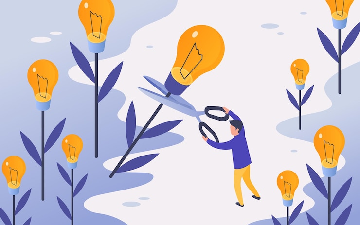 Vector people harvest idea light bulb startup tiny man with big scissors cutting off lightbulbs.