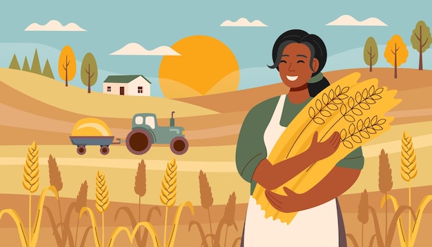 People harvest woman with wheat landscape2