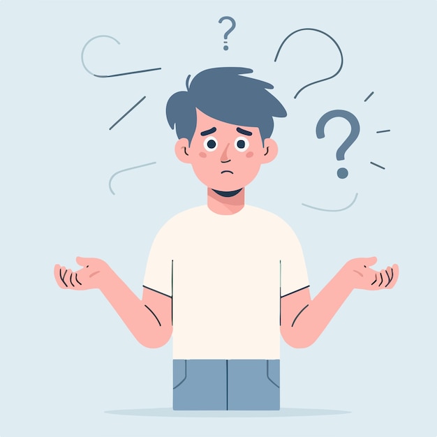 people have curious expressions and question marks are floating around their heads