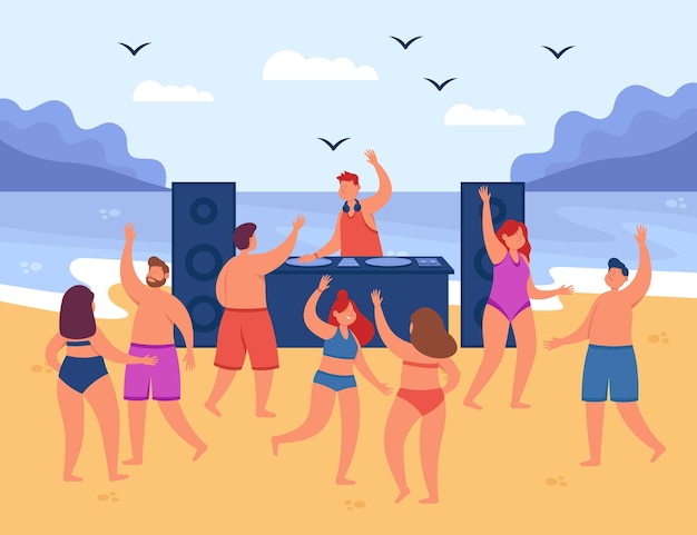 Persone che fanno festa dj sulla spiaggia piatta illustrazione vettoriale. uomini e donne felici in costume da bagno che ballano vicino all'oceano, ascoltano musica, trascorrono l'estate insieme, si divertono ai tropici. concetto di amicizia