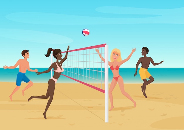 Vector people having fun playing volleyball on the beach illustration. active seabeach sport.